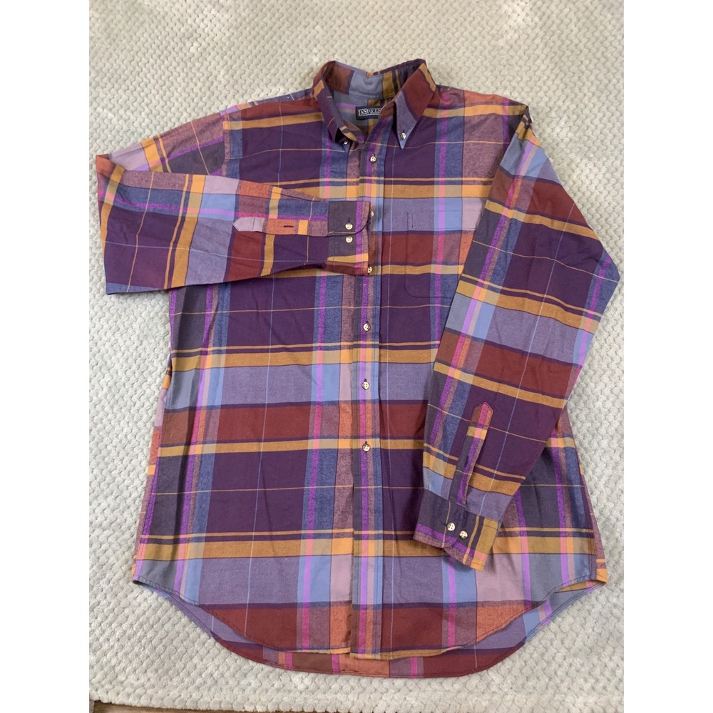 Lands End Flannel Shirt Mens Large Tall Purple Orange Plaid Button Down